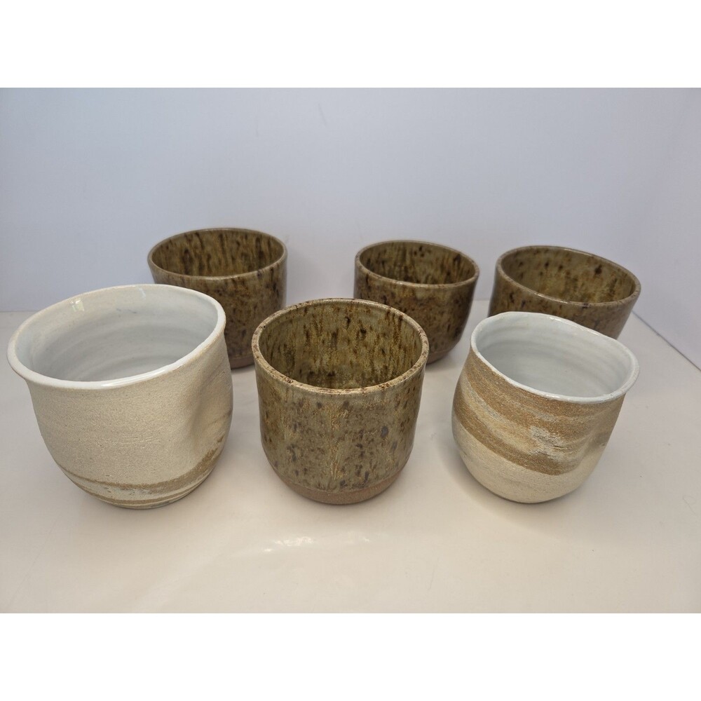 6pc Signed Studio Pottery Set Marbled Thumb Cups Meoto Yunomi Mottled Tumblers